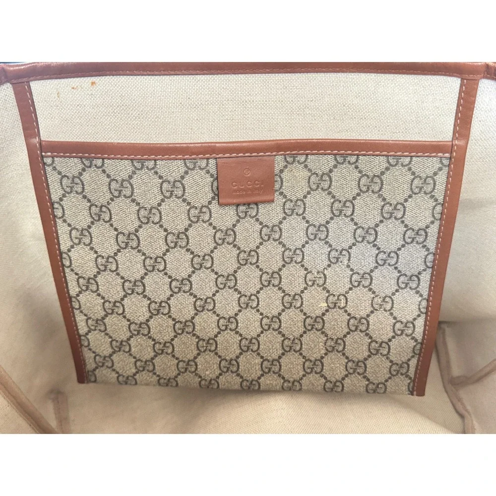 Gucci GG Supreme Tote Bag Monogram Canvas Brown Leather Web Detail 211134